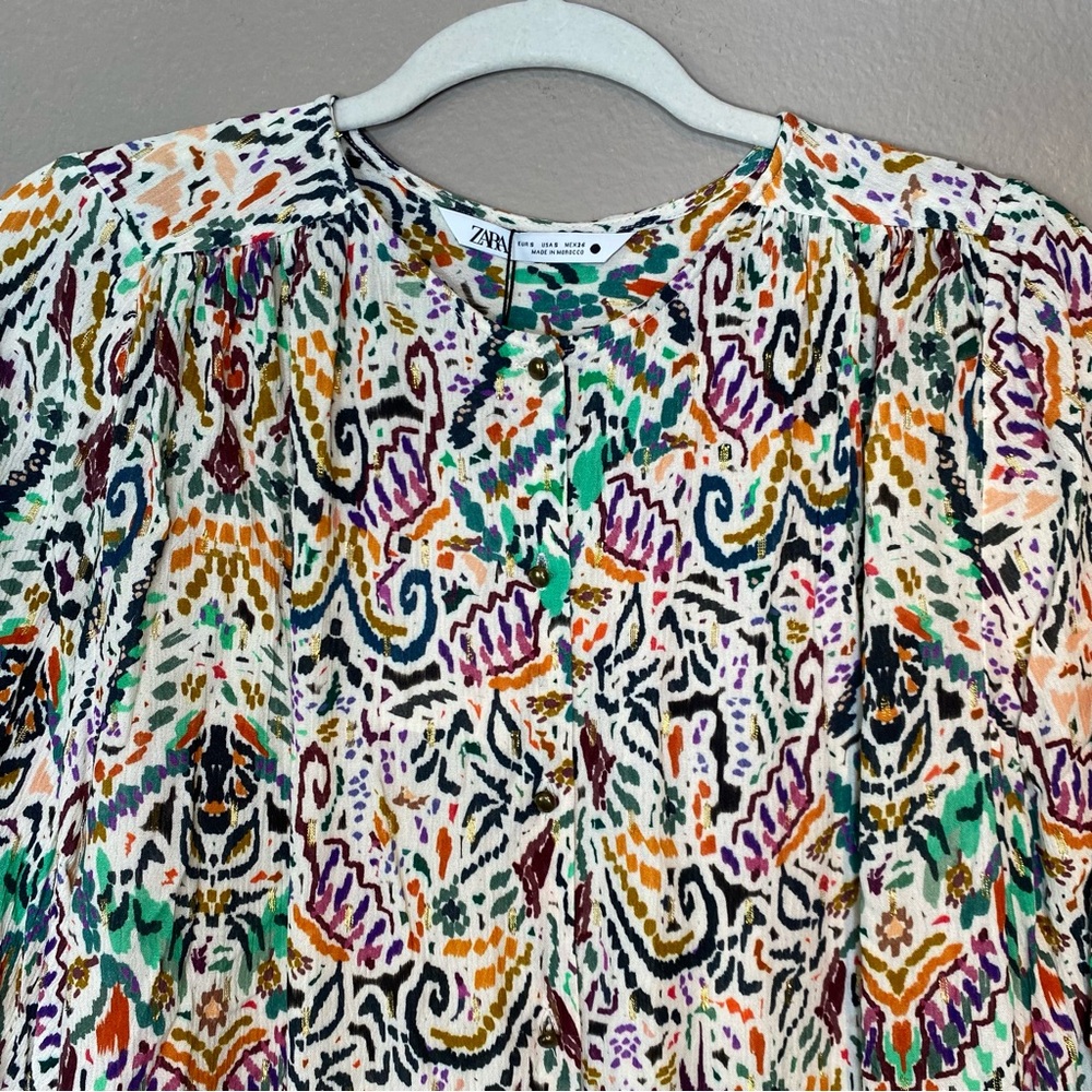 Zara Boho Artsy Whimsical Long Sleeve Top Small Maximalism Colorful Resort - Picture 2 of 13